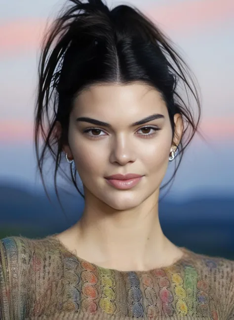 KendallJenner, art by August Sander,art by Arthur Elgort, portrait,close up of a Refreshing muscular Girl, Planning events, Masterpiece hair styled as Shaggy, at Twilight, Hopeful, Direct light, One Color, full of color, Zentangle, <lora:KendallJennerSDXL:1>