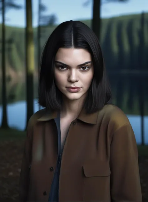 KendallJenner, art by Gottfried Helnwein, portrait, stylized,close up of a Eastern Female, [Snug|Charred] Brown hair, forest and lake, at Midday, Regret, short lighting, macro lens, three colors, High quality,  <lora:KendallJennerSDXL:1>
