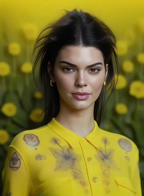 KendallJenner, portrait,close up of a Boundless Dumb Woman, Bosnian Body Tattoos, Buttons, flora, tilt shift, Sketched, Peaceful, F/14, fluorescent and deep yellow hue, unreal engine, <lora:KendallJennerSDXL:1>