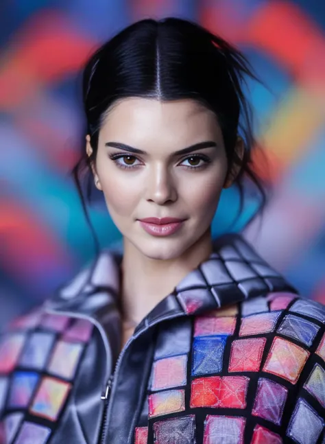 KendallJenner, portrait,close up of a Female, wearing Robotic Streetwear with Quilt accessories, vogue pose, Bokeh, Abstract Expressionism, Depth of field 100mm, Infrared,  <lora:KendallJennerSDXL:1>
