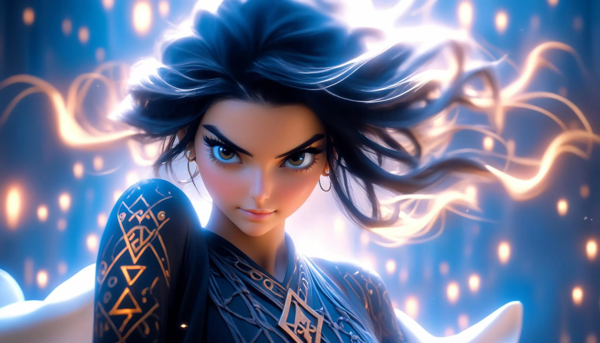 <lora:EnvyCuteSliderXL01:0.5>, , 1girl , <lora:KendallJennerSDXL:0.5>, KendallJenner, Style-GravityMagic, portrait, solo, upper body, looking up, detailed background, detailed face, (high fantasy medieval theme:1.1), rune-wizard, magic runes, runic pattern, runes etched into skin, flowing robes, movement, smirk, floating particles, glowing runes, stones with runes, ancient runes, geometric patterns, mystic aura, rune altar in background, shadows, magic lighting, cinematic atmosphere, action scene,, very thin waist, <lora:SDXL_MassiveCowsLoRA_v1:0.1> breasts, cleavage, slim body,, (8k, masterpiece, best quality, ultra-detailed), (an extremely delicate and beautiful)kawaii, cute, very big eyes, Aesthetic Anime Eyes, small face, large breasts, cinematic lighting, , Intricate, High Detail, Sharp focus, dramatic, masterpiece, best quality, ultra-detailed,