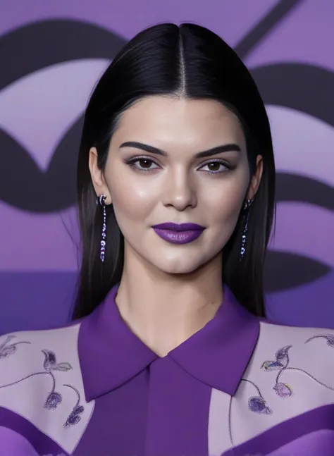 KendallJenner, portrait,close up of a Stunning Woman, ð¤¨, wearing Lush Poulaine with Television designs, simple dark violet background, Graphic novel, Indirect light, <lora:KendallJennerSDXL:1>