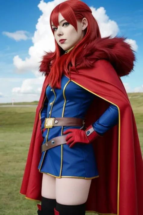 mii, cosplay, woman, solo, long_hair, red_eyes, thighhighs, gloves, red_hair, boots, outdoors, sky, cape, blue_sky, hand_on_hip, fur_trim, cosplay, hair_intakes, (realistic)