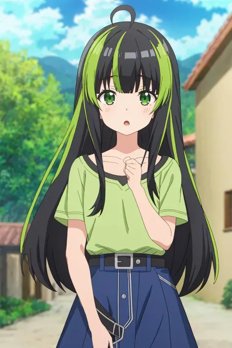 may, anime_art_style, 1girl, solo, long_hair, looking_at_viewer, open_mouth, bangs, shirt, black_hair, hair_ornament, green_eyes, collarbone, upper_body, short_sleeves, multicolored_hair, outdoors, green_hair, sky, day, cloud, virtual_youtuber, blurry, :o, blue_sky, streaked_hair, blurry_background, green_shirt