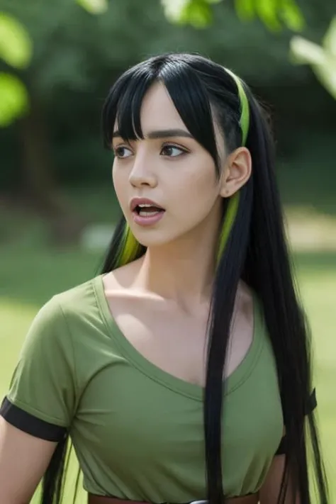 may, cosplay, woman, solo, long_hair, open_mouth, bangs, shirt, black_hair, very_long_hair, green_eyes, collarbone, upper_body, short_sleeves, sidelocks, multicolored_hair, outdoors, green_hair, day, belt, virtual_youtuber, blunt_bangs, blurry, two-tone_hair, streaked_hair, looking_to_the_side, blurry_background, looking_away, green_shirt, (realistic)