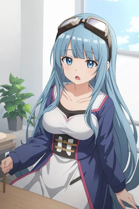 iz, anime_art_style, 1girl, solo, long_hair, breasts, looking_at_viewer, open_mouth, bangs, blue_eyes, long_sleeves, medium_breasts, blue_hair, collarbone, upper_body, blunt_bangs, :o, goggles, goggles_on_head, anime_coloring