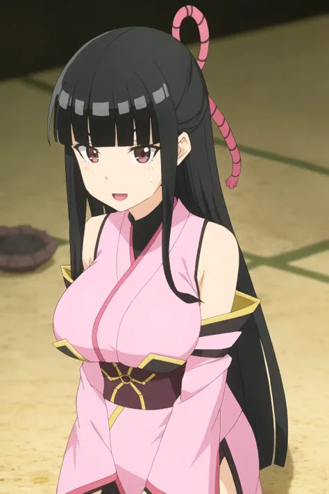 kasumi, anime art style, 1girl, solo, long_hair, breasts, open_mouth, bangs, large_breasts, black_hair, hair_ornament, brown_eyes, upper_body, detached_sleeves, japanese_clothes, sleeveless, blunt_bangs, kimono, sweatdrop, sash, obi, pink_kimono, sleeveless_kimono