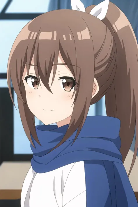sally, anime art style, 1girl, solo, long_hair, looking_at_viewer, smile, bangs, brown_hair, hair_between_eyes, brown_eyes, closed_mouth, ponytail, hood, scarf, blurry, from_side, looking_to_the_side, portrait, genderswap, genderswap_(mtf), blue_scarf