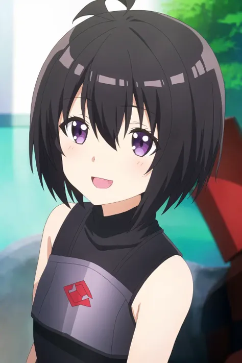 maple, anime art style, 1girl, solo, smile, short_hair, open_mouth, bangs, black_hair, hair_ornament, hair_between_eyes, bare_shoulders, purple_eyes, upper_body, ahoge, :d, sleeveless, armor, turtleneck, bob_cut, portrait, shield, sleeveless_turtleneck, looking_ahead, hair_strand, black_armor, red_sleeves