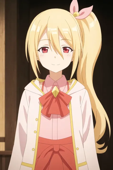 frederica, anime art style, 1girl, solo, long_hair, looking_at_viewer, smile, bangs, blonde_hair, shirt, red_eyes, bow, ribbon, hair_between_eyes, closed_mouth, upper_body, collared_shirt, side_ponytail, coat, ascot, :3, pink_ascot