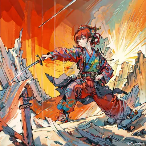 ultra 8k cg, watercolor, picture-perfect face, flawless, clean, masterpiece, professional artwork, famous artwork, cinematic lighting, cinematic bloom, 1 adult, full body, red hair, (colorful suit:1.5), (on the top of mountain), sheath, 1 sword, (holding sword:1.3), unsheathing, (on the top of mountain:1.5), dragon, ((dramatic lighting)),sharp focus, open kimono, fancy trench coat, (fighting stance:1.3),colorful background, flame