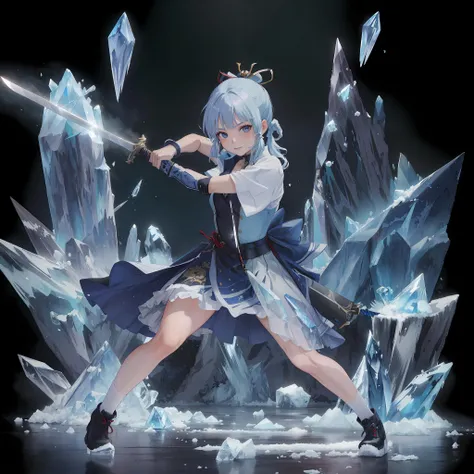 masterpiece, best quality, 1girl, weapon, kamisato ayaka, white pantyhose, batt\u014djutsuswing, sword, (holding sheath,:1.2) ice crystal, looking at viewer, blue dress <lora:Battojutsu5:0.3> <lora:kamisato ayaka:0.6>