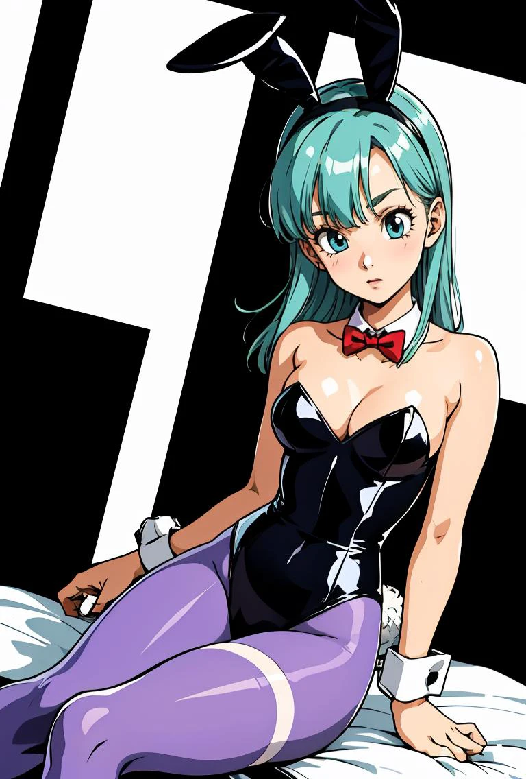 (masterpiece, best quality), 1girl, <lora:DB_Bulma_Bunny_v1:0.8> bulma, 1girl, solo, blue eyes, blue hair, aqua hair, long hair, bangs, straight hair,, playboy bunny, black leotard, strapless leotard, cleavage, bare shoulders, purple pantyhose, red bowtie, wrist cuffs, rabbit ears, rabbit tail,