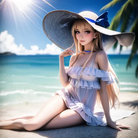 masterpiece:1.2, real life, photorealistic:1.2, <lora:Meltryllisv2:0.8>, Meltryllis, beautiful face, blonde hair:1.2, realistic detail:1.2, pretty eyes, blush, sun dress, full body, sun hat