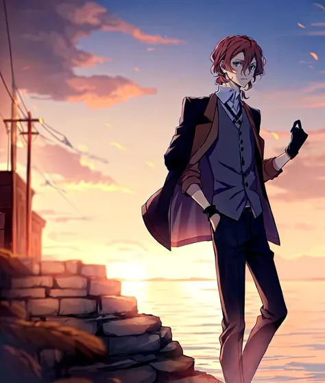 1boy, nakahara chuuya, black gloves, pants, vest, jacket, jacket on shoulders, <lora:ChuuyaNakahara:0.8>