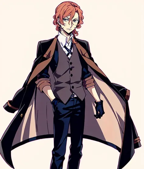 1boy, nakahara chuuya, black gloves, pants, vest, jacket, jacket on shoulders, <lora:ChuuyaNakahara:0.8>