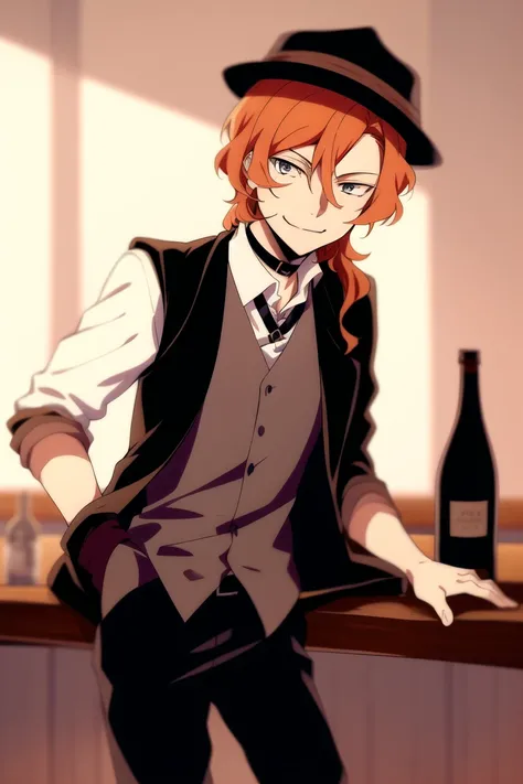 <lora:ChuuyaNakahara:0.8>, 1boy, orange hair,nakahara chuuya,long hair,hat, grey eyes, choker, deep eyes,vest, smile, leaning against bar, pants, vest, jacket, jacket on shoulder, glass, bottles, dim lighting, hand in pocket, (masterpiece), (best quality:1), dynamic angle,