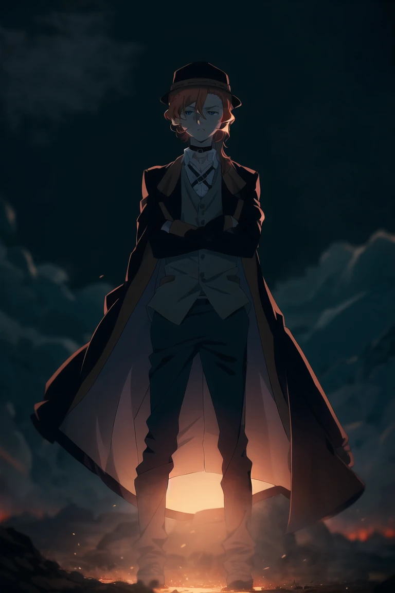 <lora:ChuuyaNakahara:0.8>, 1boy, nakahara chuuya, orange hair, hat, blue eyes, choker, deep eyes, jacket,vest,  crossed arms, jacket on shoulders, red glow