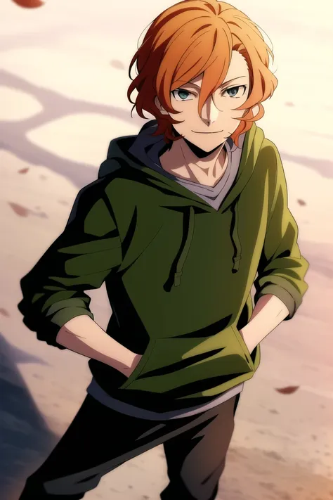 <lora:ChuuyaNakahara:0.8>, 1boy, orange hair,nakahara chuuya,long hair,grey eyes, deep eyes, smile, pants, hoodie, hands in pockets, hood, green hoodie, hood down, green jacket, (masterpiece), (best quality:1), dynamic angle,