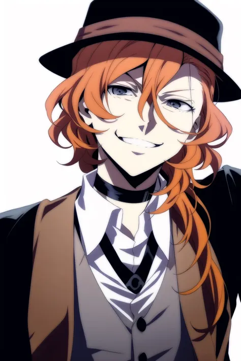 <lora:ChuuyaNakahara:0.8>, 1boy, orange hair,nakahara chuuya,long hair,hat, grey eyes, choker, deep eyes,vest, smile, crazy smile, crazy eyes, portrait,, (masterpiece), (best quality:1), dynamic angle,