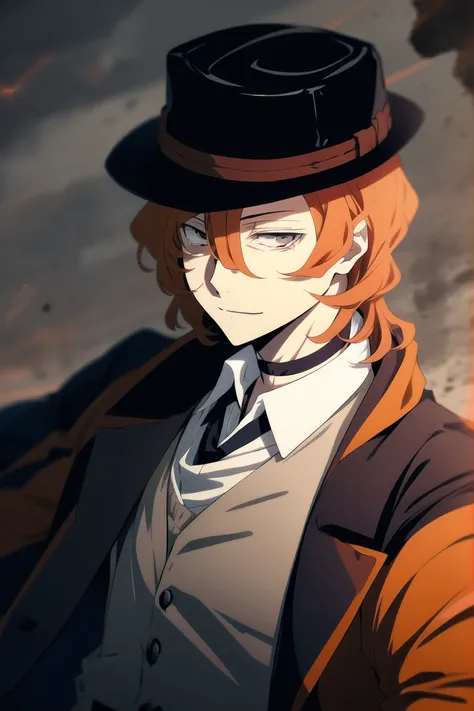 <lora:ChuuyaNakahara:0.8>, 1boy, orange hair,nakahara chuuya,long hair,hat, grey eyes, choker, deep eyes,vest, red glow, looking at viewer, smile, fedora, jacket on shoulders, (masterpiece), (best quality:1), dynamic angle,