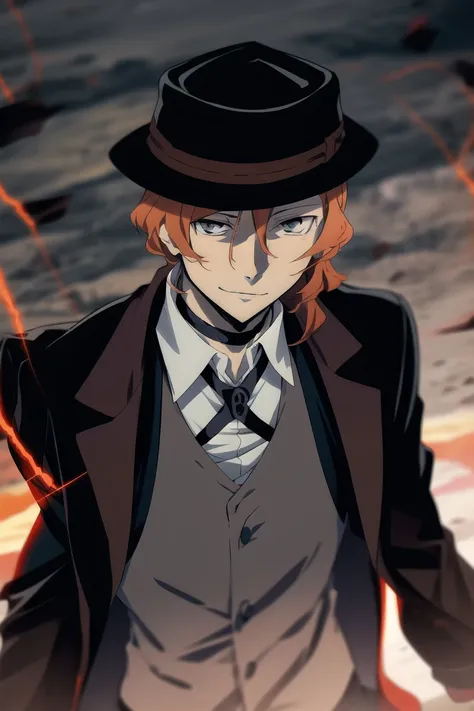 <lora:ChuuyaNakahara:0.8>, 1boy, orange hair,nakahara chuuya,long hair,hat, grey eyes, choker, deep eyes,vest, red glow, looking at viewer, smile, fedora, jacket on shoulders, standing, (masterpiece), (best quality:1), dynamic angle,