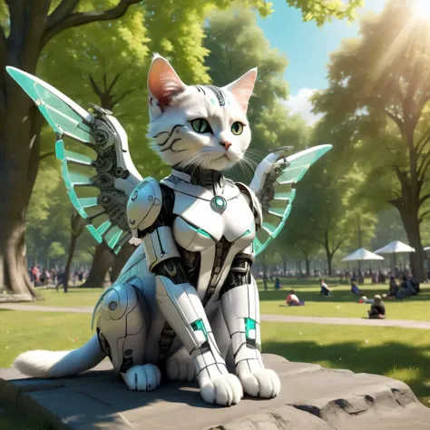 a realistic photo of an adorable giant cyborg kitty sitting in the park on a sunny day, y4nn, b0dy, wings <lora:y4nn:0.75>