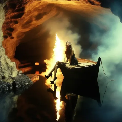 blurry, cave, shoes, boat, solo, smoke, high heels, open clothes, burning