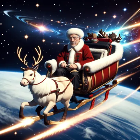 <lora:Atmosentrydeer_v1:0.5>, galaxy, space, fur-trimmed boots, fur-trimmed headwear, reindeer, old man, realistic, Atmospheric re-entry , sleigh, supernova