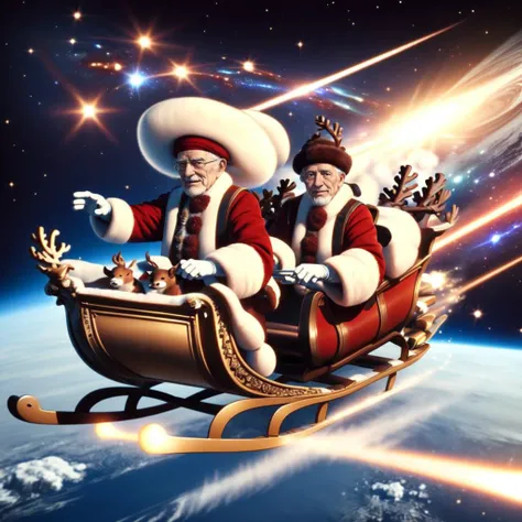 <lora:Atmosentrydeer_v1:0.5>, galaxy, space, fur-trimmed boots, fur-trimmed headwear, reindeer, old man, realistic, Atmospheric re-entry , sleigh, supernova, white gloves