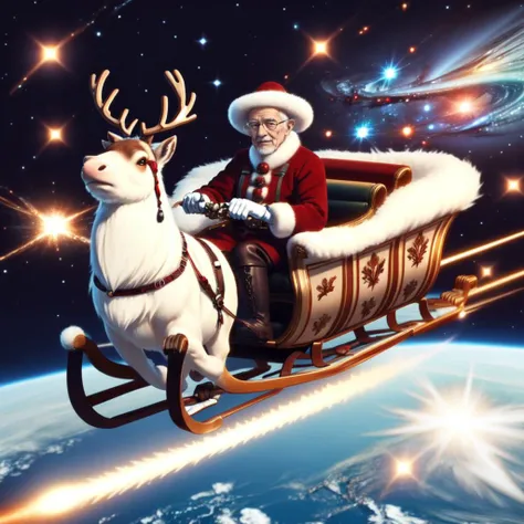 <lora:Atmosentrydeer_v1:0.5>, galaxy, space, fur-trimmed boots, fur-trimmed headwear, reindeer, old man, realistic, Atmospheric re-entry , sleigh, supernova, white gloves