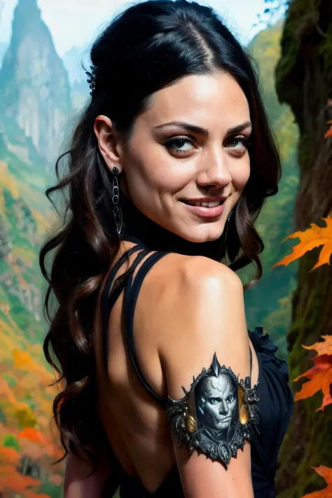 photo of milak1 in as a witch, (black witch outfit), evil smile, pointing at person, fall season background, fine-face, realistic shaded perfect face, fine details. Realistic shaded lighting poster by Ilya Kuvshinov katsuhiro, magali villeneuve, artgerm, Jeremy Lipkin and Michael Garmash, Rob Rey and Kentar Miura style, trendin