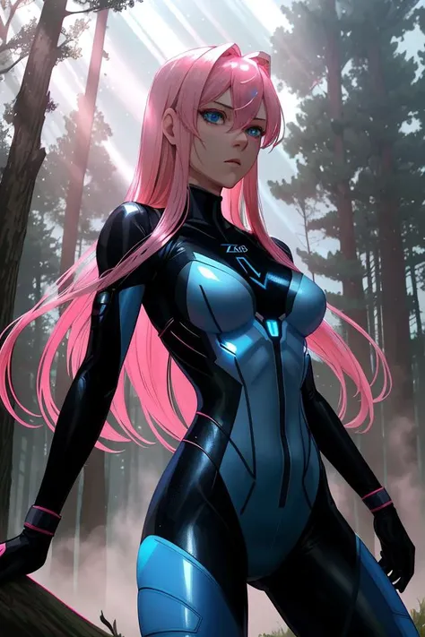 A semitransparent zerosui, Velvet bra, zerosuit, contrast, god rays, Blue eyes, pink hair, woods background, absolute intensity,