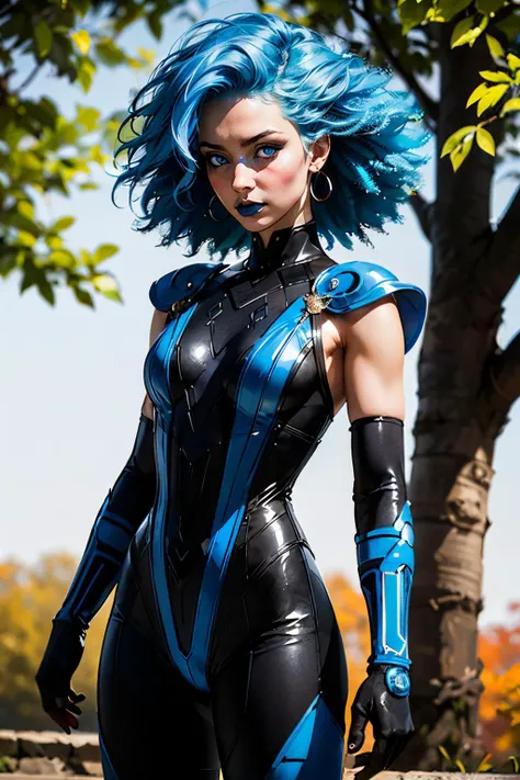 frost, blue hair, large afro, blue eyes, glowing eyes, blue lipstick, bodysuit, blue attire, shoulder armor, elbow gloves, looking at viewer, serious, embarrassed, blush, medium shot, 
standing, outside, autumn, overcast, cold, extreme detail, masterpiece, beautiful quality, <lora:xFrost:.8>