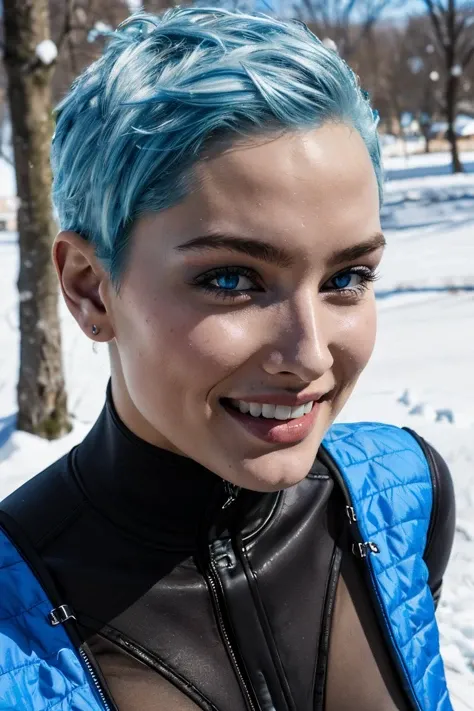 Frost, short blue hair, blue eyes, blue lipstick, bodysuit, blue attire, looking at viewer, smiling, close up, outside, park, snow, blue sky, winter, high quality, masterpiece <lora:FrostD:.7>