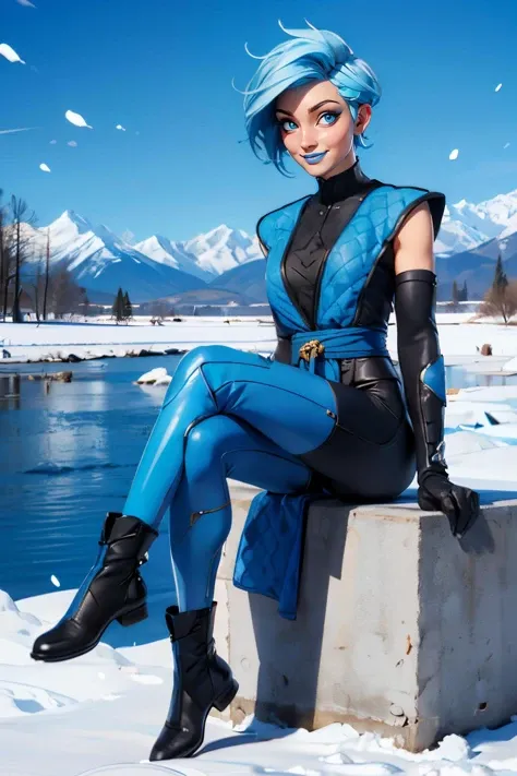 Frost, short blue hair, blue eyes, blue lipstick,leotard, pelvic curtain, sash, blue attire, elbow gloves, looking at viewer, smiling, happy, sitting, on stone bench, legs crossed, outside, field, lake, mountain, winter, blue sky, high quality, masterpiece <lora:FrostD:.7>