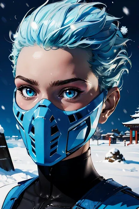 Frost, short blue hair, blue eyes, blue mouth mask, blue attire, bodysuit,looking at viewer, serious, close up, outside, snow, temple, night time, high quality, masterpiece <lora:FrostD:.7>