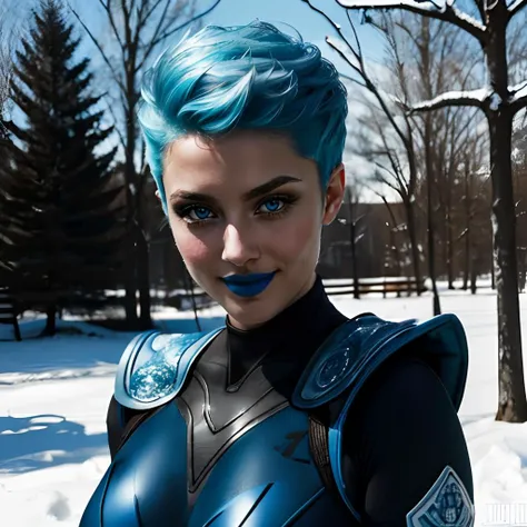 hdr, frost, ninja, blue hair, blue eyes, blue lips, bodysuit, armor, close up, looking at camera, smiling, outside, backyard, snow, trees, sunny, natural lighting, jazzy ambiance, vivid colors, <lora:Frost-10 v3:.8> extremely detailed,