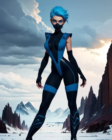 Frost, blue hair, blue eyes, solo, standing, short hair up, spiked hair, cameltoe, FroNin, <lora:Frost:.7> mask, fingerless elbow gloves, bodysuit, thighhighs, black footwear, heels, pelvic curtain, outdoors, ice bridge, stars, cloudy, (insanely detailed, beautiful detailed face) <lora:ink-0.1-3-b28-bf16-D128-A1-1-ep64-768-DAdaptation-cosine:.6>