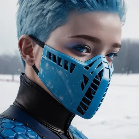 <lora:FrostMK1-10:1> Female Frost, high quality, very realistic, very intricate, blue mask, snowy landscape background, close up photography