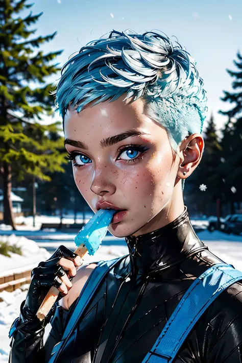 frost, blue pixie cut hair, blue lips, wearing a bodysuit, shoulder armor, elbow gloves, sucking dildo, oral, holding dildo, (blue dildo) (crystal dildo:1.3), looking at viewer, horny, (blush:1.2), close up,
outside, snow, trees, snowing, extreme detail, hdr, realistic detail, analog, <lora:suckingdildov01:1> <lora:Frost:.7>