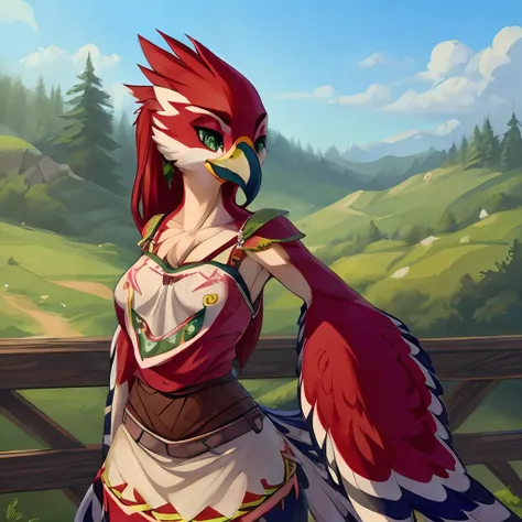 1girl, solo, digital art, ultra detailed, outdoors, casual outfit, bird, avian girl, anthro, medium breasts, long hair, beak, green eyes, red feathers <lora:add_detail:0.3> <lora:wowifier2:0.3> <lora:Rito-v1.4-NAI:1>