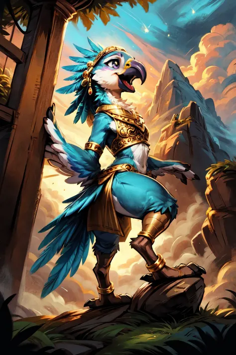 <lora:Furtastic_Detailer:0.8>,  <lora:add_detail:1>,
 nature photography, ultra realistic, masterpiece, [[[epic clouds background, epic clouds, volumetric lighting, volumetric atmosphere, morning mist]]],
POV, dynamic angle,  three-quarter view, side view,
cute avian anthro, anthro Andean Condor, Lilac-breasted Roller,  ((intricate Aqua feathers)),
cute-fine-face, cute Lovebird face, fluffy chest, cute, girl, young, small beak, flat chest, short neck, (cute, young), young adult, thick thighs, round thighs,
feather head dress, iridescent gold, golden necklace, golden anklets, golden bracelets,
golden harness, intricate golden loincloth, golden vest,
[[Dragonfly Princess Outfit, Delicate gown in pastel colors mimicking dragonfly wings, ethereal patterns, dragonfly-shaped accessories]],
screaming, gaping mouth,
standing on misty rocks, high above the clouds, ground fog, swirling mist,
sitting on a table,
uploaded on e621, (by manmosu marimo:0.4), (by dagasi:0.4), by reign-2004, (by carrot:0.4), by darkgem, by kenket, by Beatrice Ethel Lithiby,
<lora:FurryCoreV2New-07:0.4>, furrycore,
<lora:Riju:0.2>, game_gerudo_riju_aiwaifu69,
<lora:Rito-v1.4-NAI-000003:0.3> rito,
[[zoe_palworld, jewelry, purple eyes, <lora:Zoe_Palworld_v3:0.3>, mirage, black hair, golden hair accessoire, golden cuffs, <lora:Mirage_Aladdin:0.3>]],
epic mountain peak, dramatic cliffs, (epic clouds, dramatic clouds, awesome sky),
Enchanted Forest Twilight, As evening falls, the forest comes alive with the soft glow of fireflies Shafts of fading sunlight filter through the dense canopy of trees, casting long shadows on the forest floor The air is alive with the chirping of crickets and the rustle of leaves in the breeze,
[high quality photography, 3 point lighting, flash with softbox, 4k, Canon EOS R3, hdr, smooth, sharp focus, high resolution, award winning photo, 80mm, f2.8],
cinematic composition, cinematic lighting, stunningly beautiful, highly detailed, masterpiece, best quality, realistic, (intricate:0.9), (high detail:1.4), film photography, sharp focus,