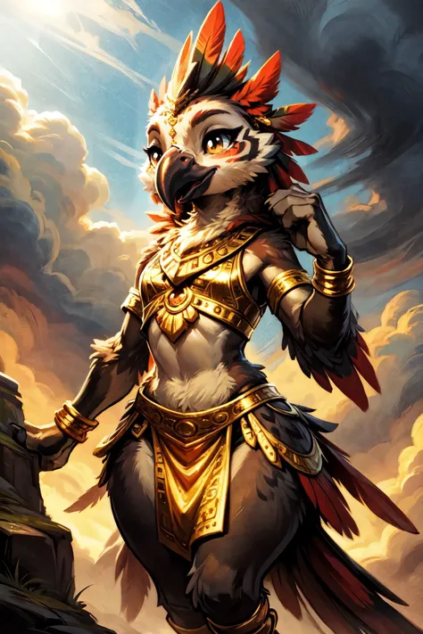 <lora:Furtastic_Detailer:0.8>,  <lora:add_detail:1>,
 nature photography, ultra realistic, masterpiece, [[[epic clouds background, epic clouds, volumetric lighting, volumetric atmosphere, morning mist]]],
low angle,  front view,
cute avian anthro, anthro Harpy Eagle, Scarlet Macaw,  ((intricate Red feathers)),
cute-fine-face, cute Robin face, fluffy chest, cute, girl, young, small beak, flat chest, short neck, (cute, young), young adult, thick thighs, round thighs,
feather head dress, iridescent gold, golden necklace, golden anklets, golden bracelets,
golden harness, intricate golden loincloth, golden vest,
[[Mystical Forest Guardian Attire, Moss-green leaf-patterned gown with ivy details, wooden accessories]],
curious,
standing on misty rocks, high above the clouds, ground fog, swirling mist,
movement pose,
uploaded on e621, (by manmosu marimo:0.4), (by dagasi:0.4), by reign-2004, (by carrot:0.4), by darkgem, by kenket, by Beatrice Ethel Lithiby,
<lora:FurryCoreV2New-07:0.4>, furrycore,
<lora:Riju:0.2>, game_gerudo_riju_aiwaifu69,
<lora:Rito-v1.4-NAI-000003:0.3> rito,
[[Cleo DeNile, <lora:CleoDeNile1.0:0.2>, ankha, <lora:Ankha_v2_RETRAIN:0.3>]],
epic mountain peak, dramatic cliffs, (epic clouds, dramatic clouds, awesome sky),
Rays of Hope, After a passing storm, the sky begins to clear, revealing a breathtaking sight Beams of sunlight pierce through gaps in the clouds, creating shafts of golden light that illuminate the landscape below A rainbow arches gracefully across the sky, its vibrant colors a promise of better days to come,
[high quality photography, 3 point lighting, flash with softbox, 4k, Canon EOS R3, hdr, smooth, sharp focus, high resolution, award winning photo, 80mm, f2.8],
cinematic composition, cinematic lighting, stunningly beautiful, highly detailed, masterpiece, best quality, realistic, (intricate:0.9), (high detail:1.4), film photography, sharp focus,