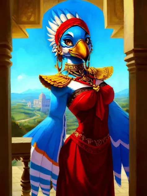 (best quality, ultra-detailed, best illustration, best shadow, masterpiece, high res, professional artwork, famous artwork), (solo, female, safe), <lora:character_species_ritoBotwLora_v1_(rito):1>, rito, palace, outside,