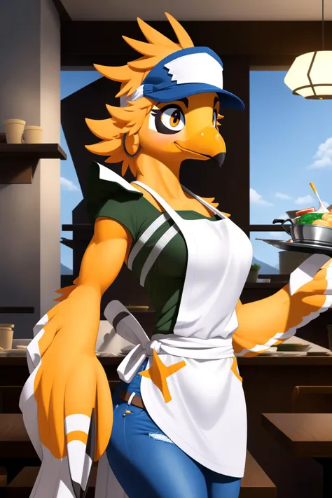 rito, ((winged-arms)), (orange body), female, in a restaurant, serving a table, wearing a visor, holding a tray, wearing an apron and jeans,