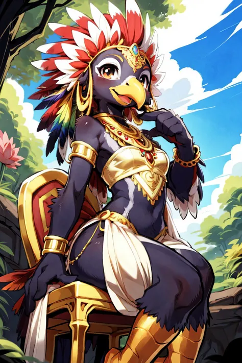 <lora:add_detail:0.5>, <lora:Furtastic_Detailer:0.5>,
 nature photography, masterpiece,
hero view,  three-quarter view,
cute avian anthro, anthro Andean Condor, Rainbow Lorikeet, (intricate Rainbow feathers),
cute-fine-face, cute , face, fluffy chest, cute, girl, young, small beak, flat chest, short neck, (cute, young), young adult, thick thighs, round thighs,
feather head dress, iridescent gold,
[Lunar Lotus Priestess Dress, Flowing silver gown with lotus patterns, lunar accessories],
happy,
standing next to a chair, one leg up on chair, dynamic pose,
uploaded on e621, (by dagasi:0.4), (by Manmosu Marimo:0.4), by Youjomodoki, by Kyoto Animation, by Hokusai,
<lora:Vivid_Impactful_Style_locon_v4h:0.4> , vvi\(artstyle\),
<lora:mika_locon_v3l:0.2>,
<lora:FurryCoreV2New-07:0.2>, furrycore,
<lora:Riju:0.1>, game_gerudo_riju_aiwaifu69,
<lora:Rito-v1.4-NAI-000003:0.2> rito,
[game_gerudo_riju_aiwaifu69, <lora:GAME_Gerudo_riju_aiwaifu69-10:0.2>, fusedKatt, purple skin, necklace, tail, bracelet, armlet, <lora:bofKatt-nvwls-v1:0.3>],
Enchanted Forest, Bio-luminescent flora, ancient trees, adorned with celestial flora,
flowing wispy cloud formations flowing across the sky, dramatic clouds,,
detailed, high quality, 4k, smooth, sharp focus, high resolution, masterpiece, best quality, (intricate:0.9), (high detail:1.4),