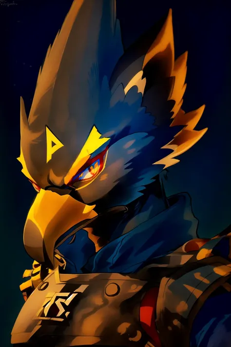 ((revali male dark_blue_body)), angry, winged-arms, talons, in a dark room, deep shadows, single point of light, looking at viewer, close up, headshot, simple shading, thick outlines, vivid colors <lora:epiNoiseoffset_v2:0.8>