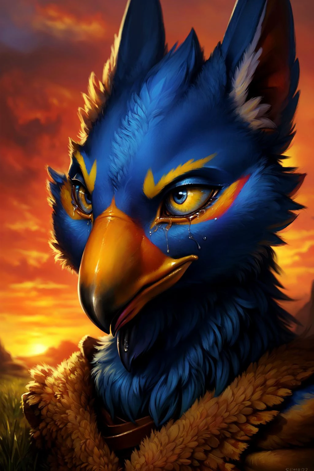 uploaded on e621, by SilverFox5213, by silgiriya mantsugosi, by Carl Heinrich Bloch, by kenket, rito, (Revali male dark_blue_body), grass field, cliffs, crying, sad, tears, close-up, sunset, fluffy clothing, fluffy vest, (absurd_res, best quality, masterpiece), (realistic, photo-realistic), high quality, excellent lighting, realism, <lyco:Rito-v1.4-NAI-000003:0.8>