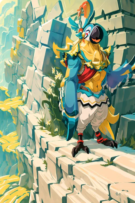 ((kass male blue_body)), happy, winged-arms, talons, outdoors, on a cliff, overlooking a beautiful valley in the summer, sunrays, simple shading, thick outlines, vivid colors